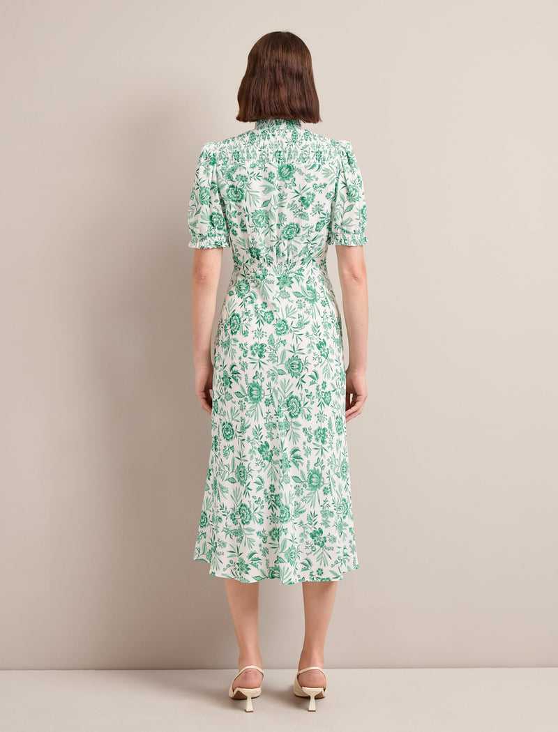 Irina Cotton Blend Midi Dress - Green Palm Floral Print