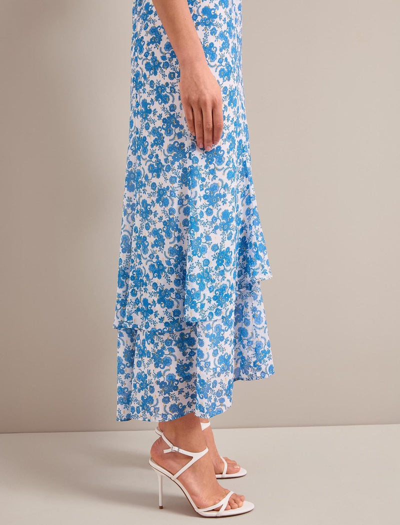 Lotta Gold Metallic Fil Coupé Maxi Dress - White Blue Paisley Print