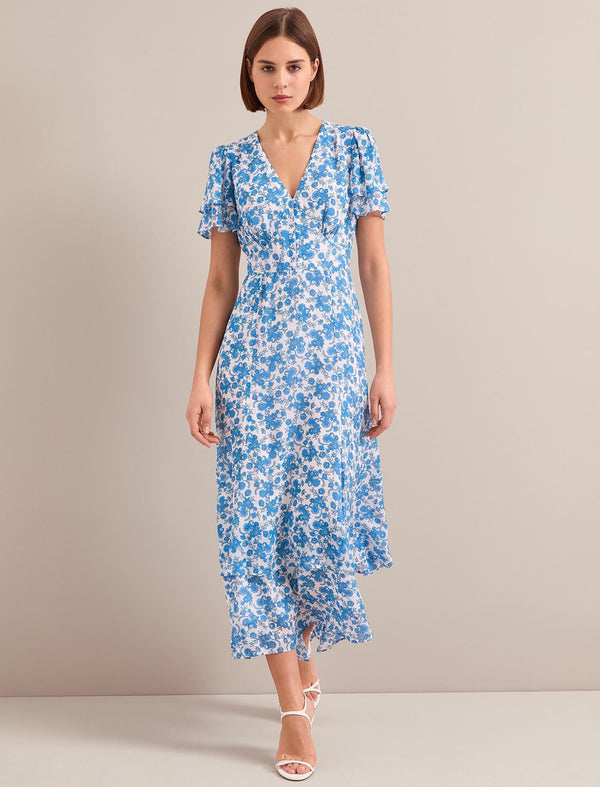 Lotta Gold Metallic Fil Coupé Maxi Dress - White Blue Paisley Print