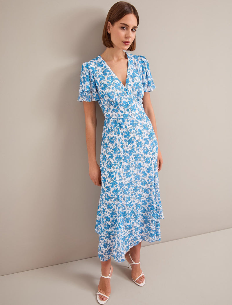 Lotta Gold Metallic Fil Coupé Maxi Dress - White Blue Paisley Print