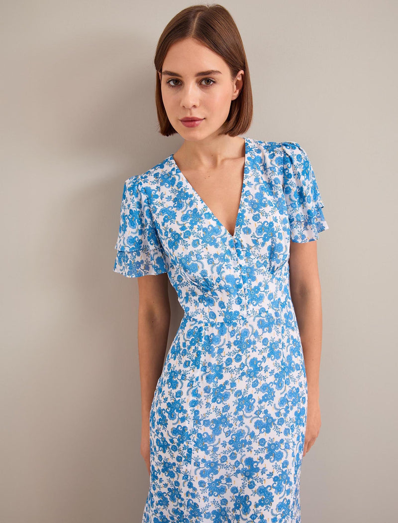 Lotta Gold Metallic Fil Coupé Maxi Dress - White Blue Paisley Print