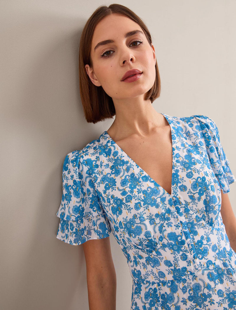 Lotta Gold Metallic Fil Coupé Maxi Dress - White Blue Paisley Print