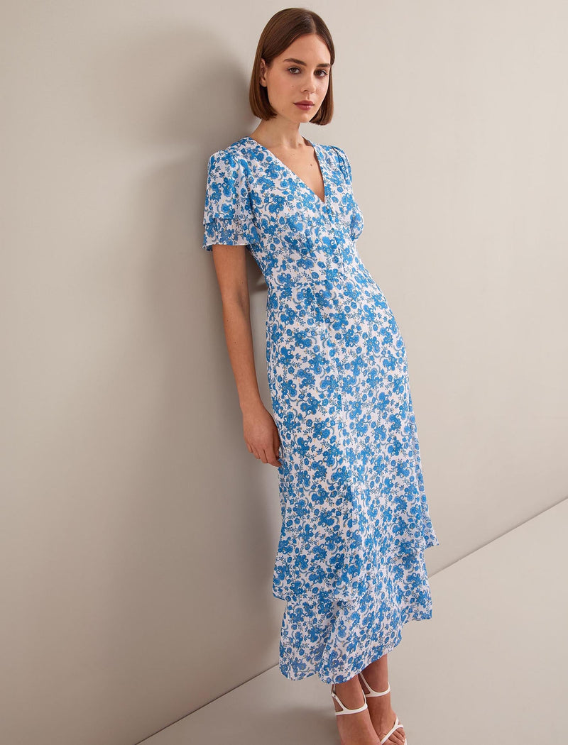Lotta Gold Metallic Fil Coupé Maxi Dress - White Blue Paisley Print