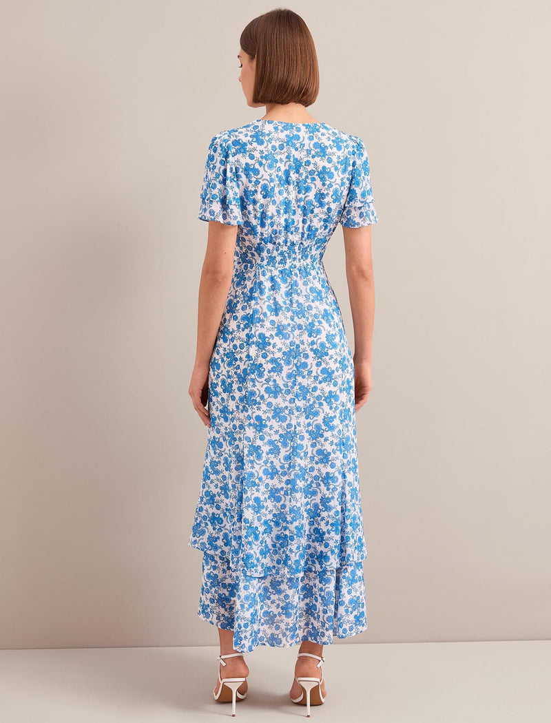 Lotta Gold Metallic Fil Coupé Maxi Dress - White Blue Paisley Print
