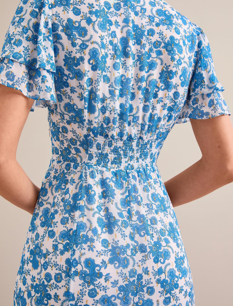 Lotta Gold Metallic Fil Coupé Maxi Dress - White Blue Paisley Print