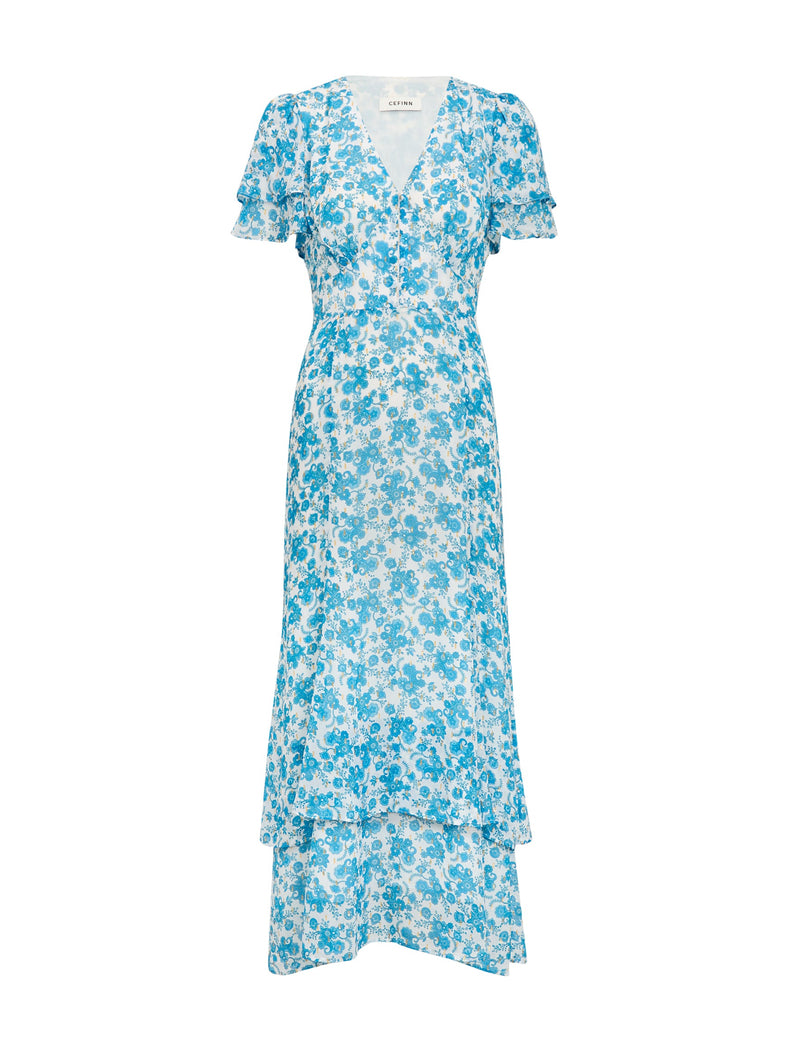Lotta Gold Metallic Fil Coupé Maxi Dress - White Blue Paisley Print