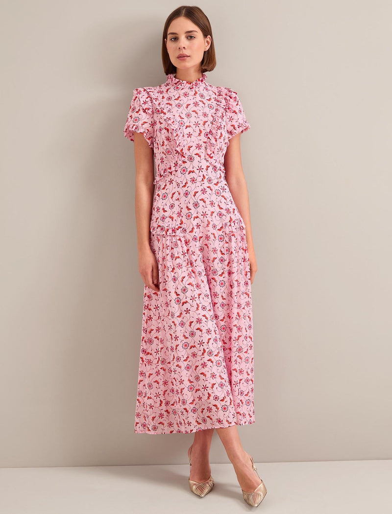 Mirabel Gold Metallic Fil Coupé Maxi Dress - Pink Floral Trellis Print