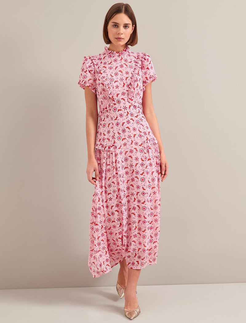 Mirabel Gold Metallic Fil Coupé Maxi Dress - Pink Floral Trellis Print