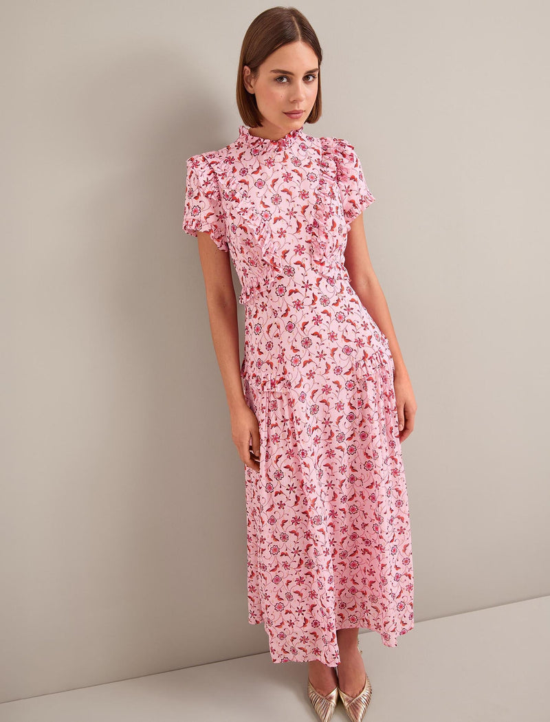 Mirabel Gold Metallic Fil Coupé Maxi Dress - Pink Floral Trellis Print