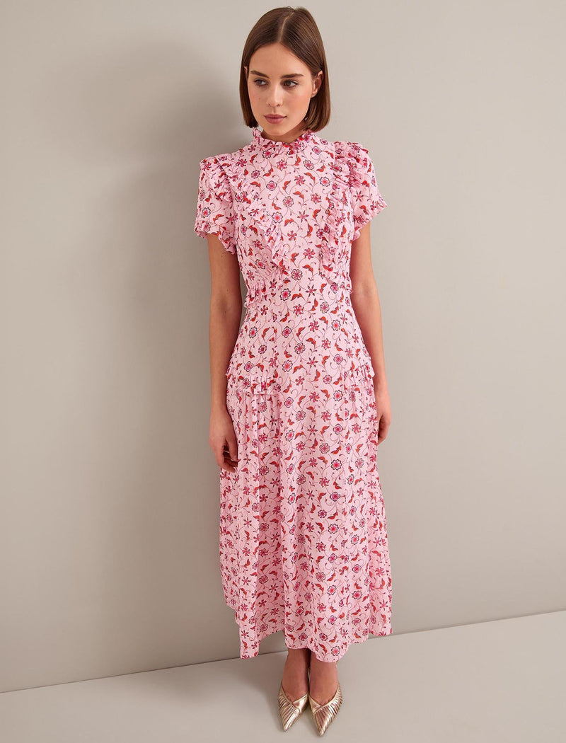 Mirabel Gold Metallic Fil Coupé Maxi Dress - Pink Floral Trellis Print