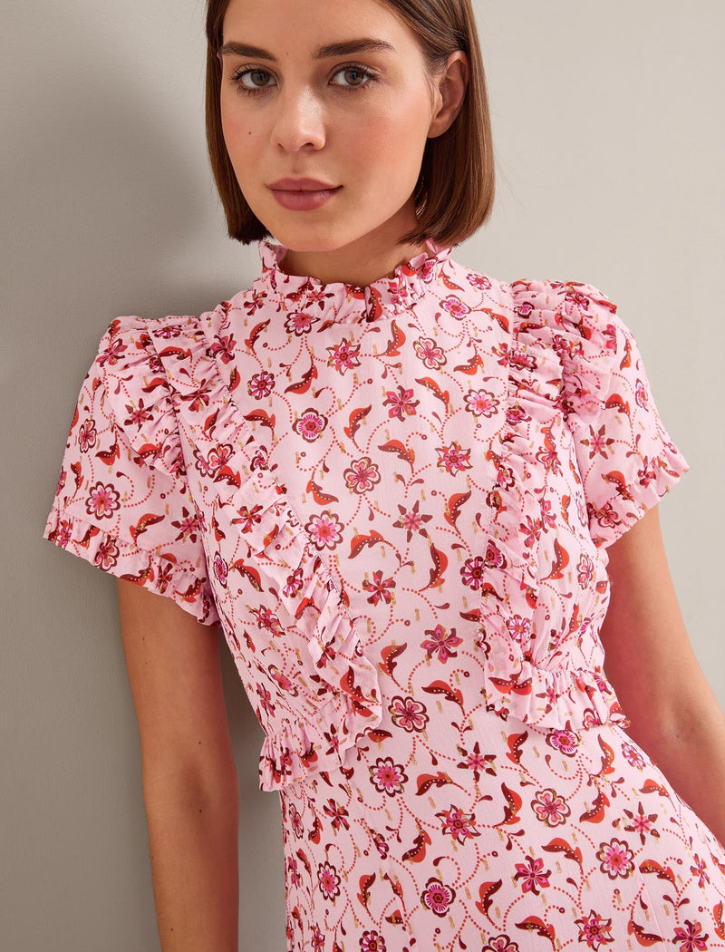 Mirabel Gold Metallic Fil Coupé Maxi Dress - Pink Floral Trellis Print