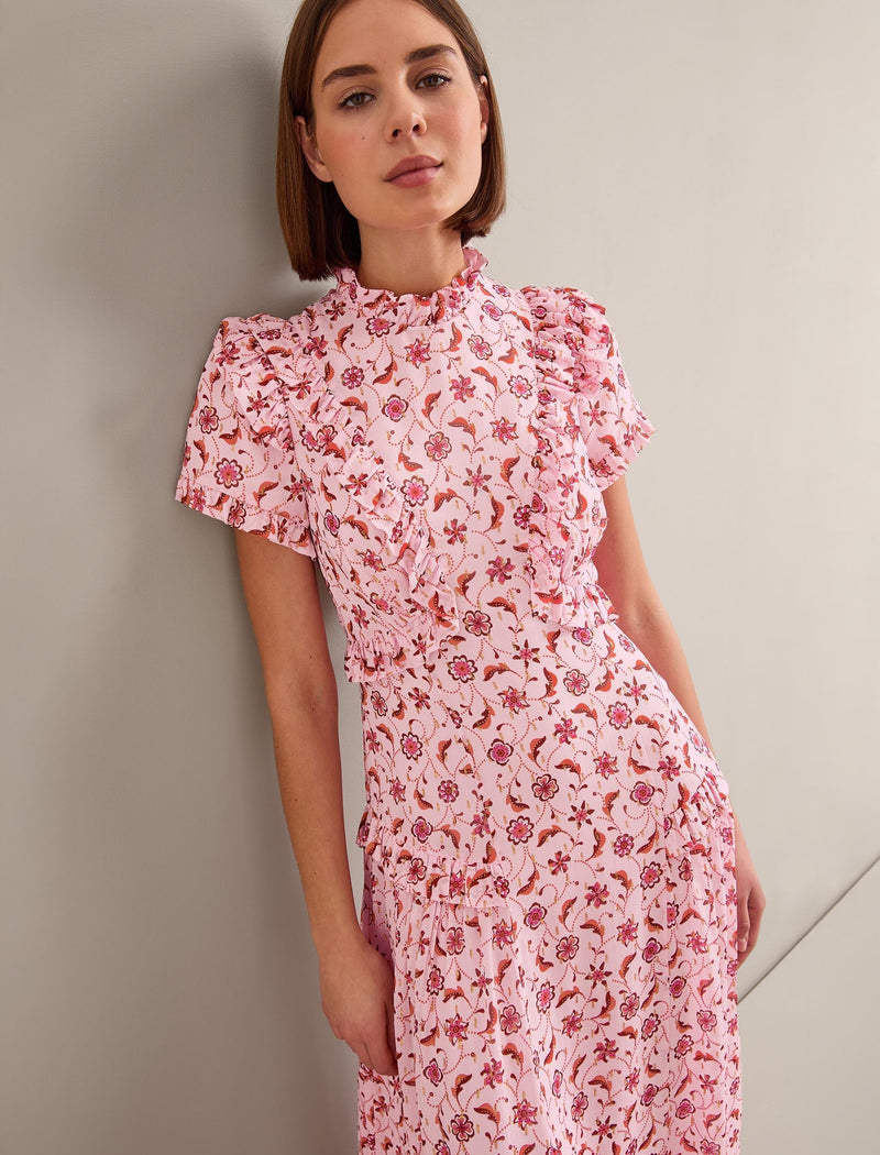 Mirabel Gold Metallic Fil Coupé Maxi Dress - Pink Floral Trellis Print