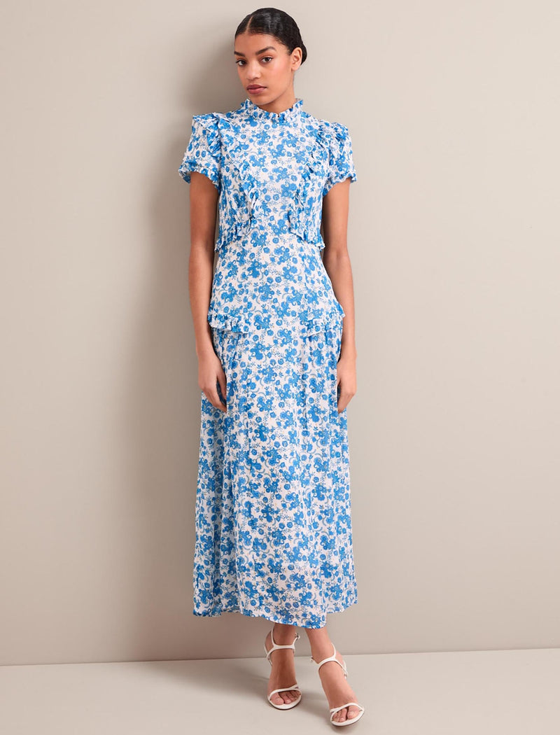 Mirabel Gold Metallic Fil Coupé Maxi Dress - White Blue Paisley Print