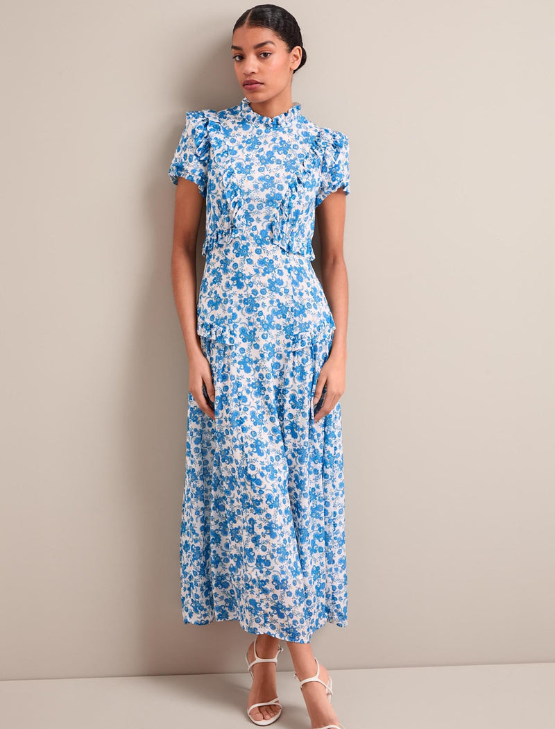 Mirabel Gold Metallic Fil Coupé Maxi Dress - White Blue Paisley Print