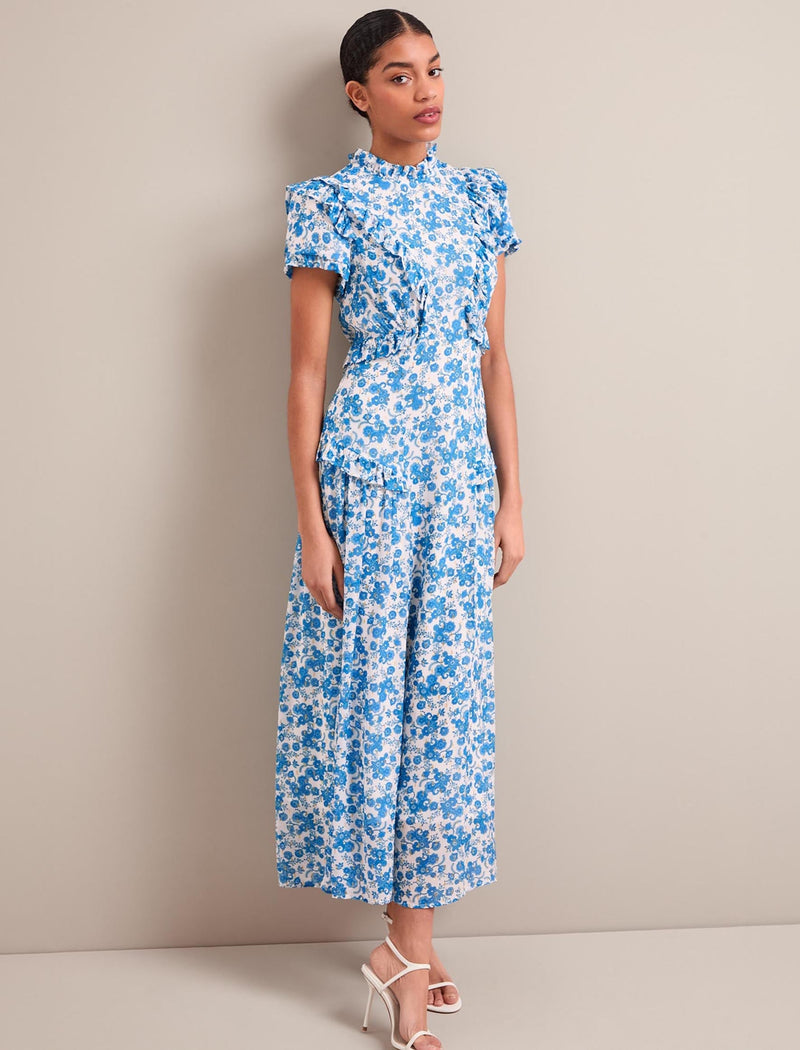 Mirabel Gold Metallic Fil Coupé Maxi Dress - White Blue Paisley Print