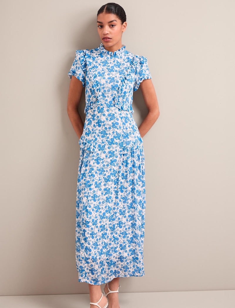 Mirabel Gold Metallic Fil Coupé Maxi Dress - White Blue Paisley Print