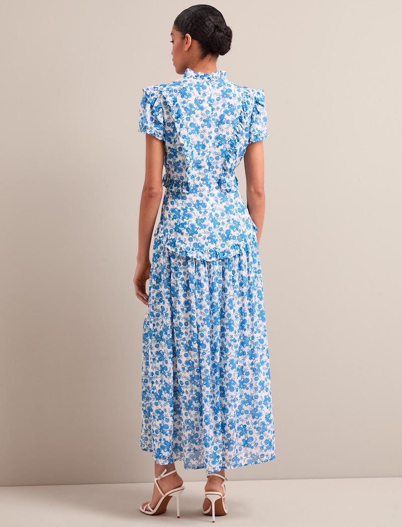 Mirabel Gold Metallic Fil Coupé Maxi Dress - White Blue Paisley Print