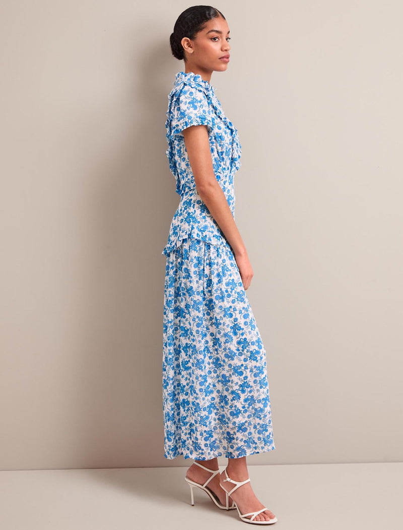 Mirabel Gold Metallic Fil Coupé Maxi Dress - White Blue Paisley Print