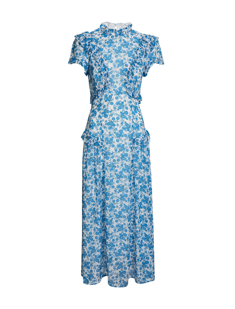 Mirabel Gold Metallic Fil Coupé Maxi Dress - White Blue Paisley Print