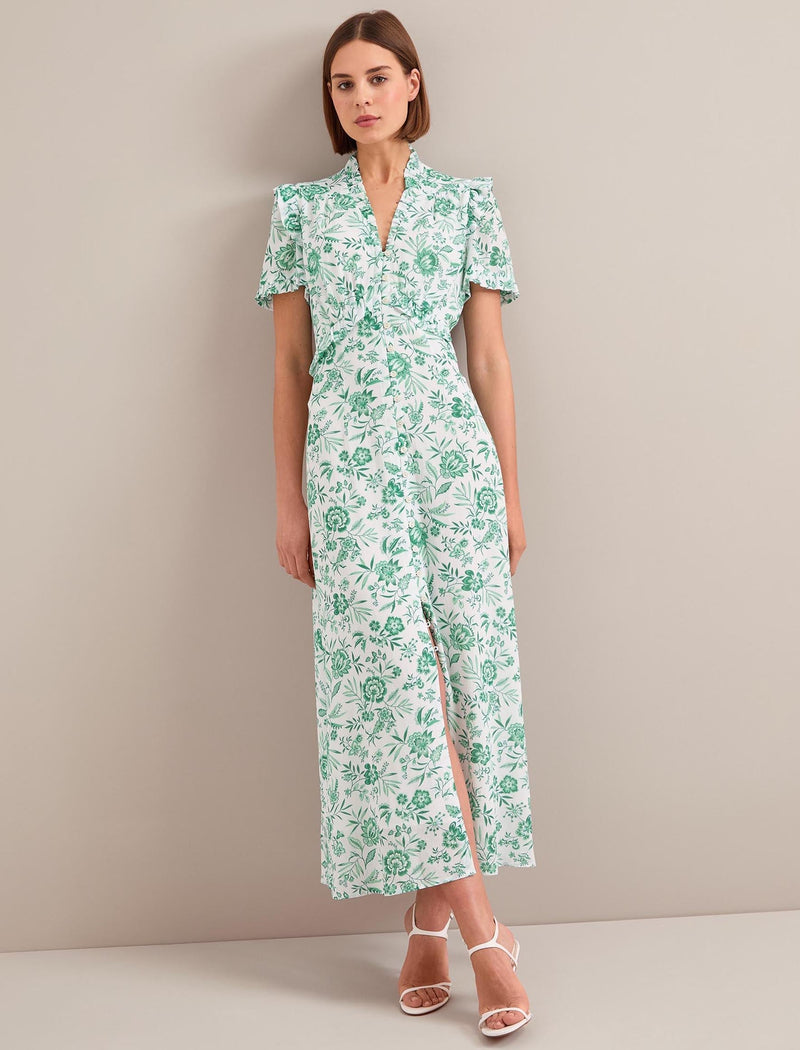Liliana Cotton Blend Maxi Dress - Green Palm Floral Print