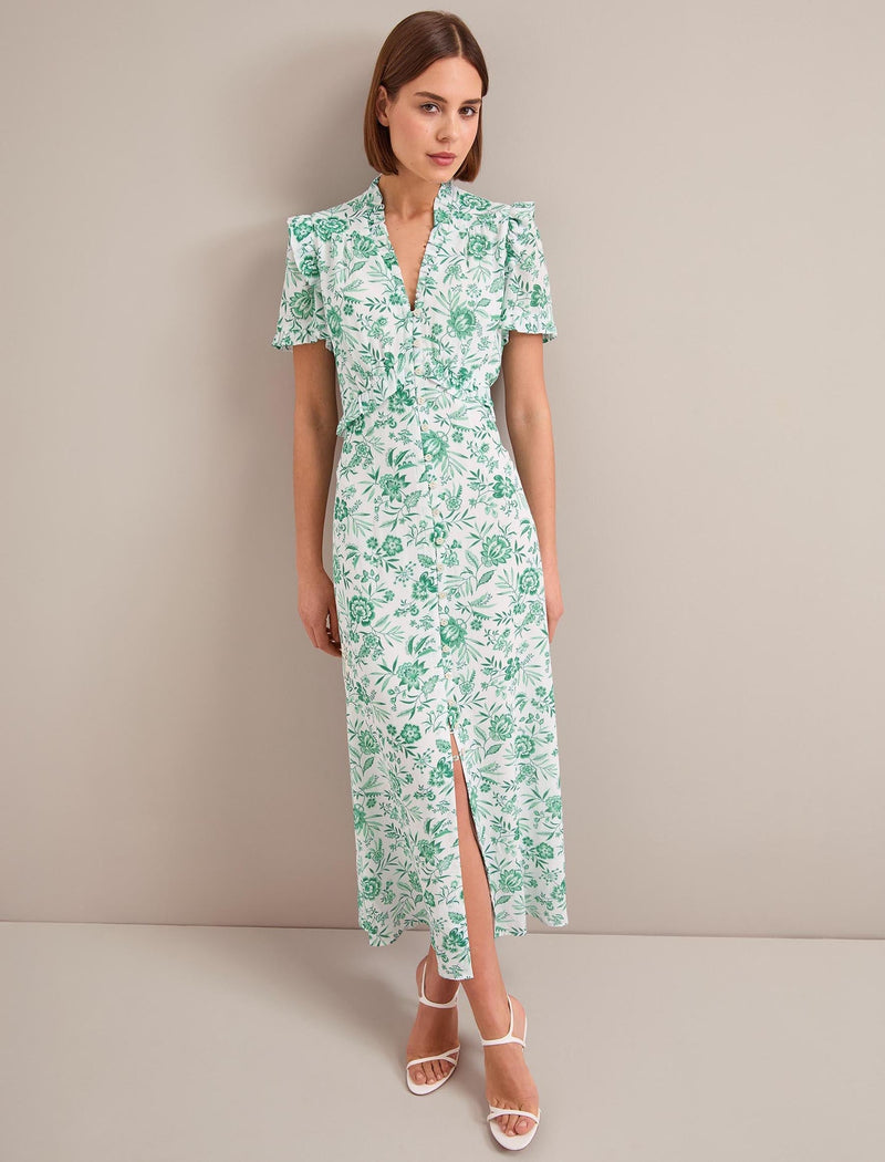 Liliana Cotton Blend Maxi Dress - Green Palm Floral Print