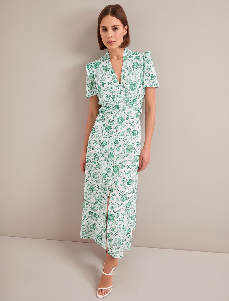 Liliana Cotton Blend Maxi Dress - Green Palm Floral Print