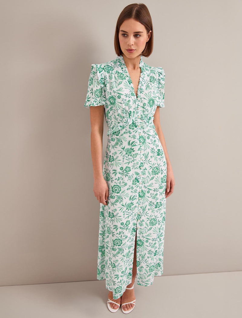 Liliana Cotton Blend Maxi Dress - Green Palm Floral Print