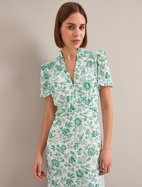Liliana Cotton Blend Maxi Dress - Green Palm Floral Print