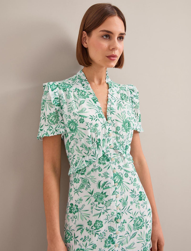 Liliana Cotton Blend Maxi Dress - Green Palm Floral Print