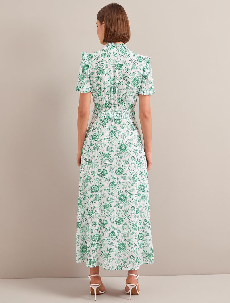 Liliana Cotton Blend Maxi Dress - Green Palm Floral Print