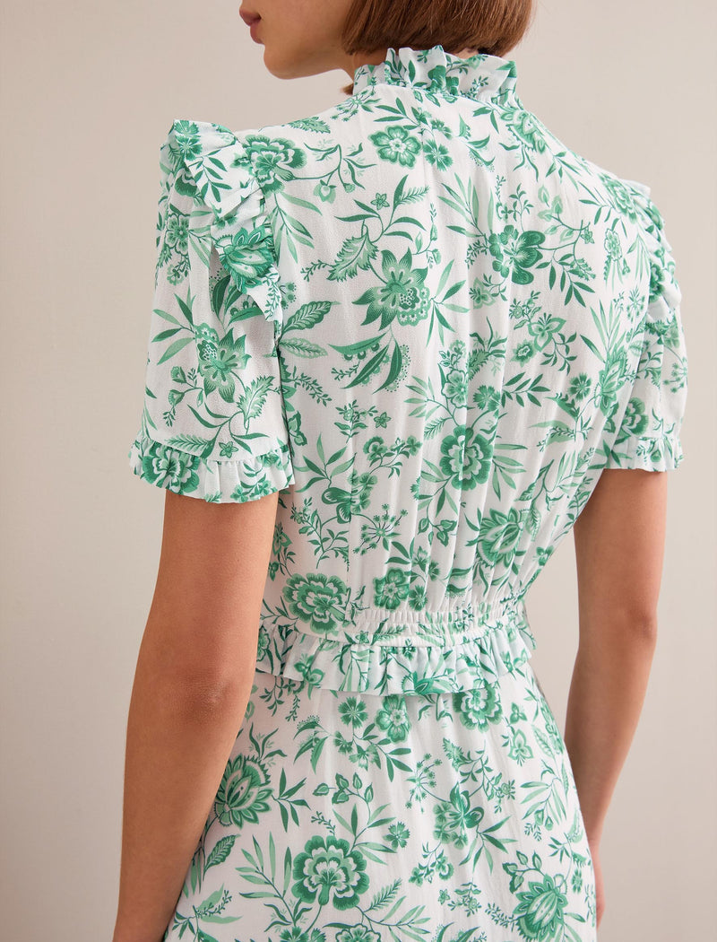 Liliana Cotton Blend Maxi Dress - Green Palm Floral Print