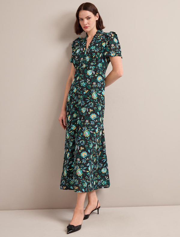 Liliana Cotton Blend Maxi Dress - Black Palm Floral Print