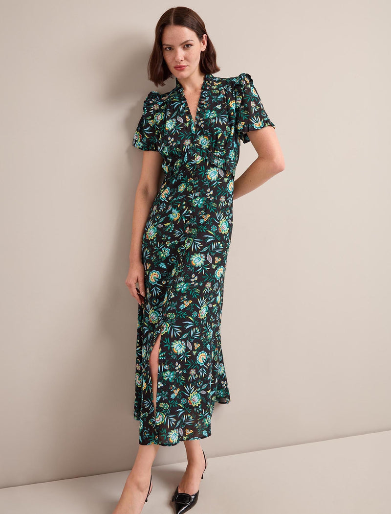 Liliana Cotton Blend Maxi Dress - Black Palm Floral Print