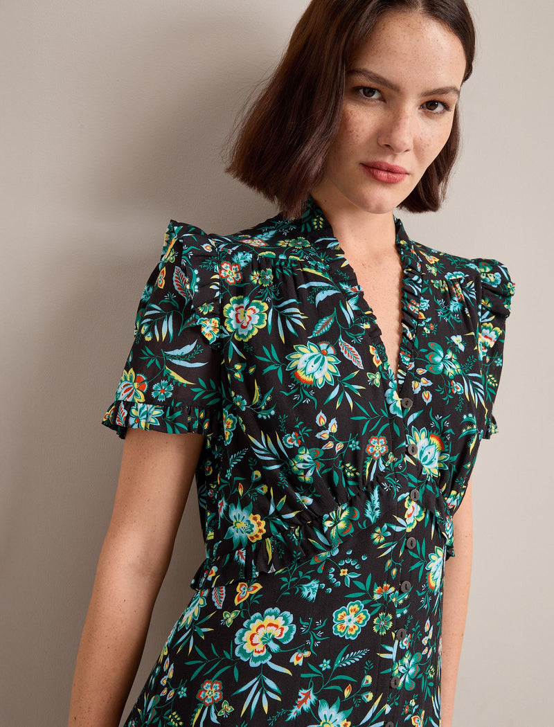 Liliana Cotton Blend Maxi Dress - Black Palm Floral Print