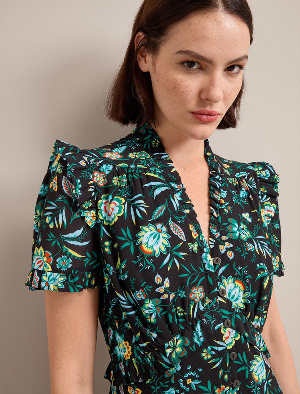 Liliana Cotton Blend Maxi Dress - Black Palm Floral Print