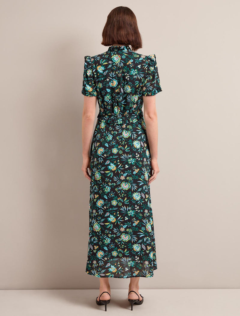 Liliana Cotton Blend Maxi Dress - Black Palm Floral Print
