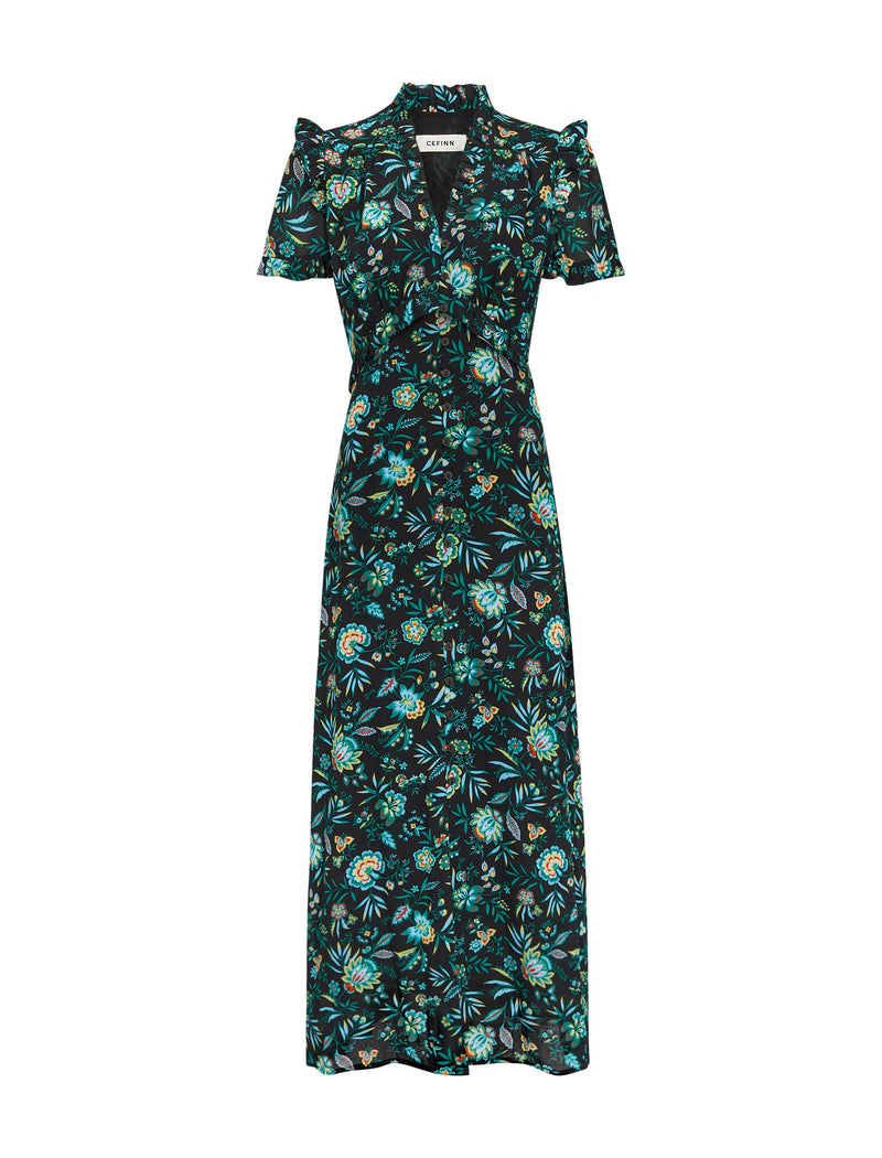 Liliana Cotton Blend Maxi Dress - Black Palm Floral Print