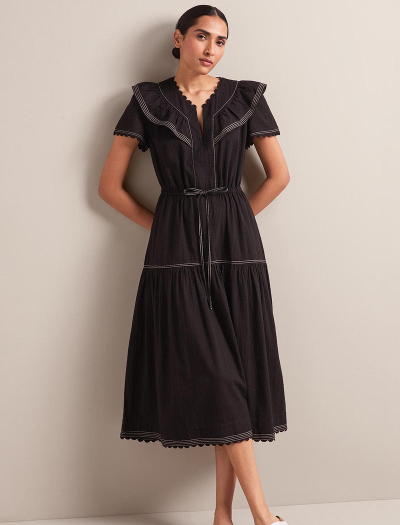 Nessa Cotton Seersucker Maxi Dress - Black