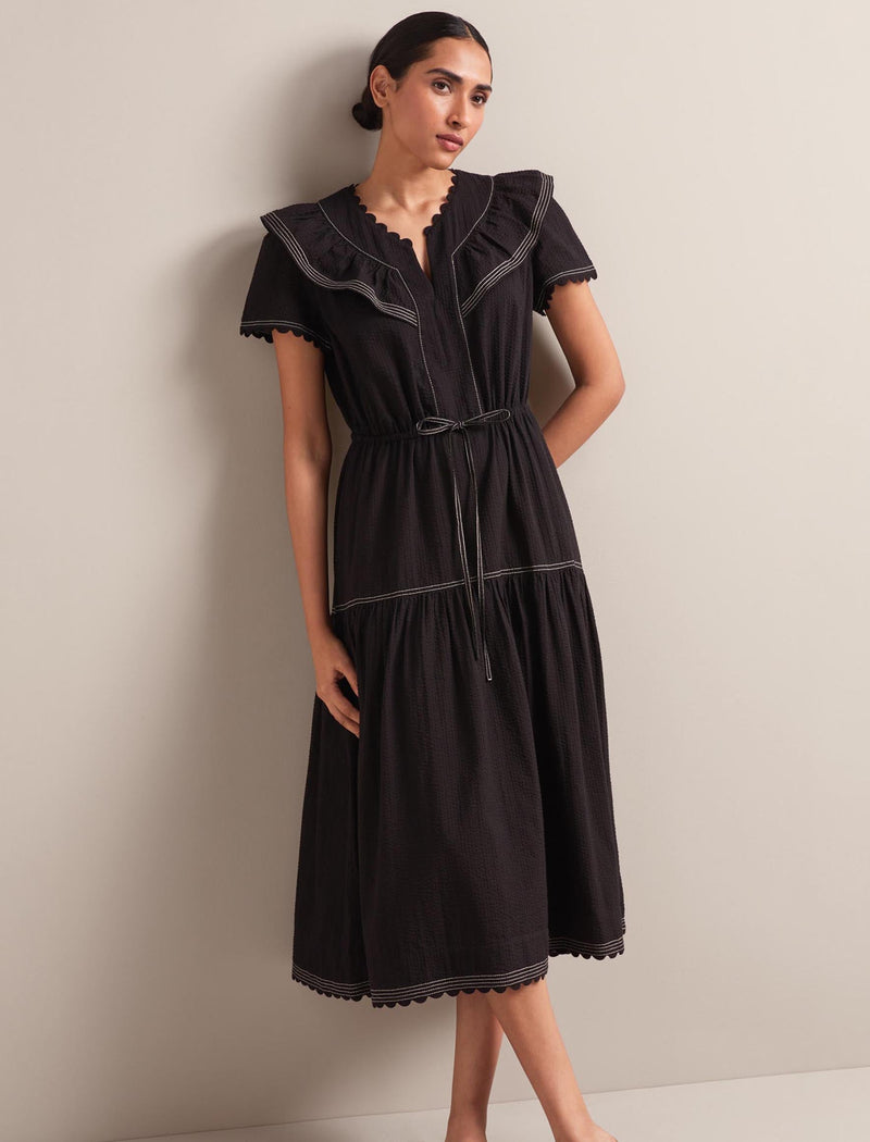 Nessa Cotton Seersucker Maxi Dress - Black