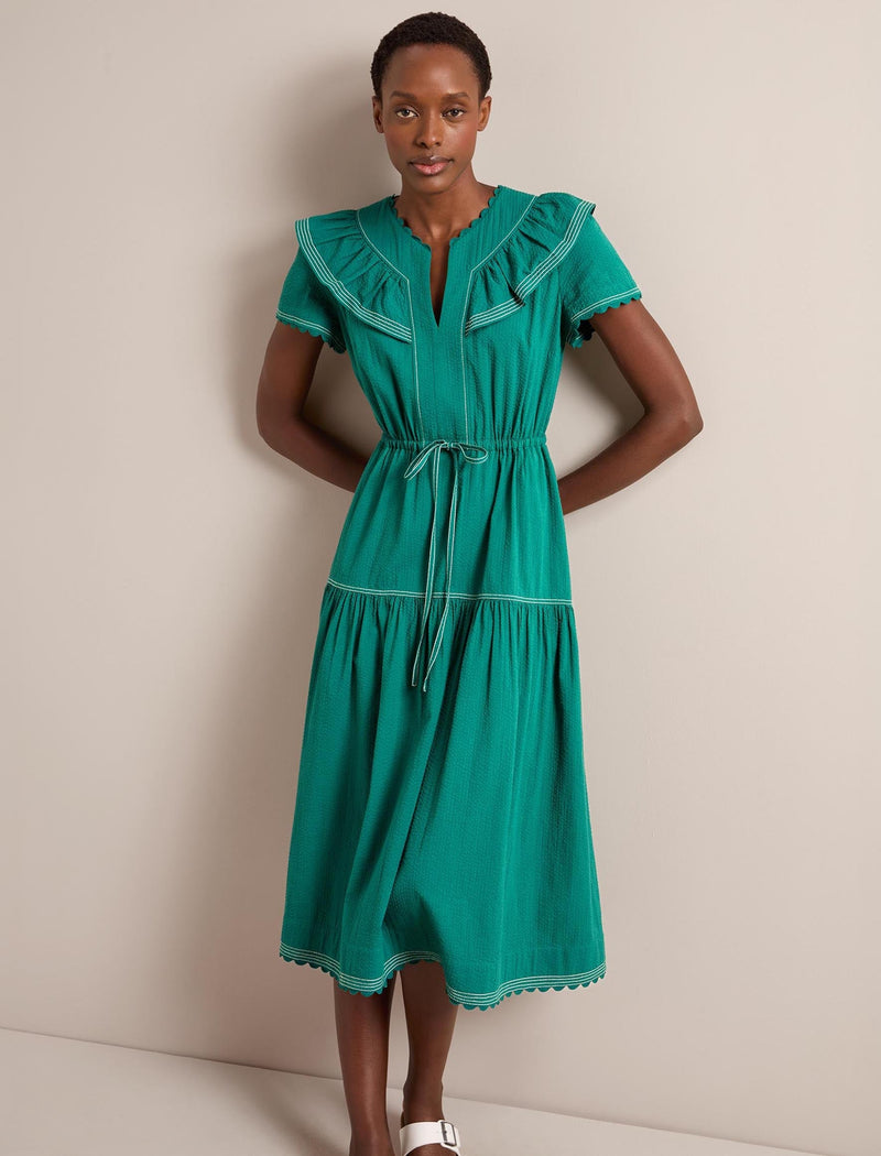 Nessa Cotton Seersucker Maxi Dress - Dark Green