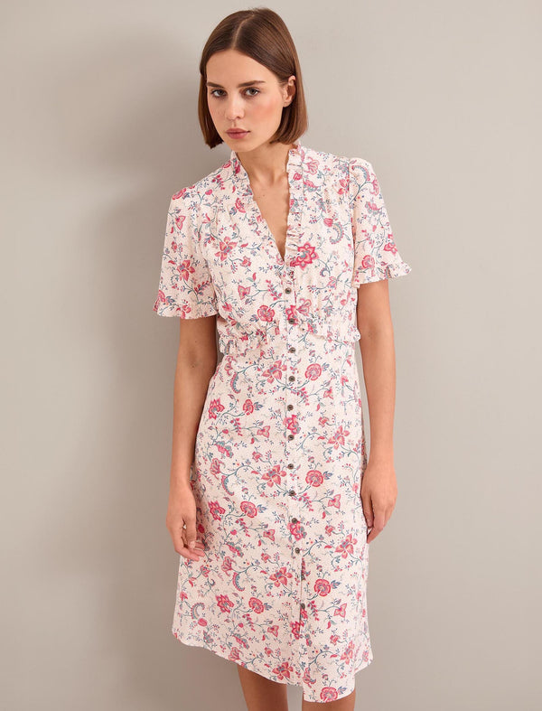 Tabby Silk Dress - Cream Multi Trailing Floral Print