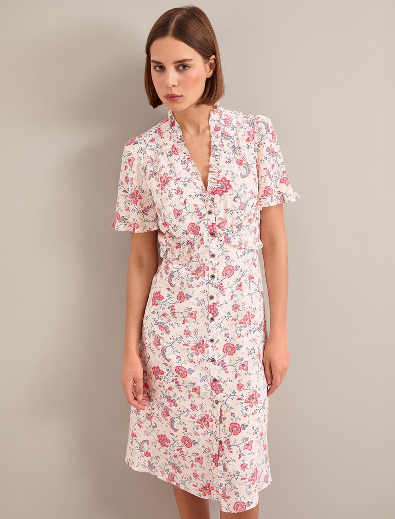 Tabby Silk Dress - Cream Multi Trailing Floral Print