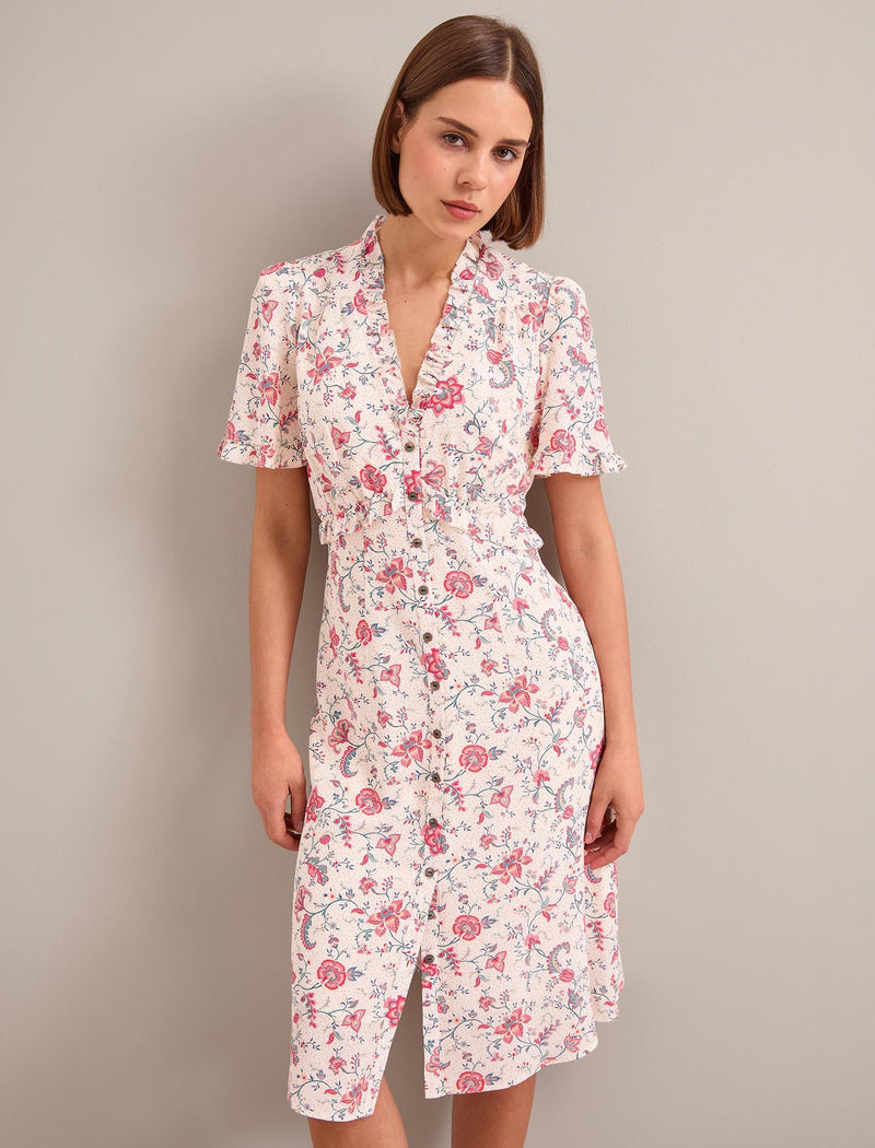 Tabby Silk Dress - Cream Multi Trailing Floral Print
