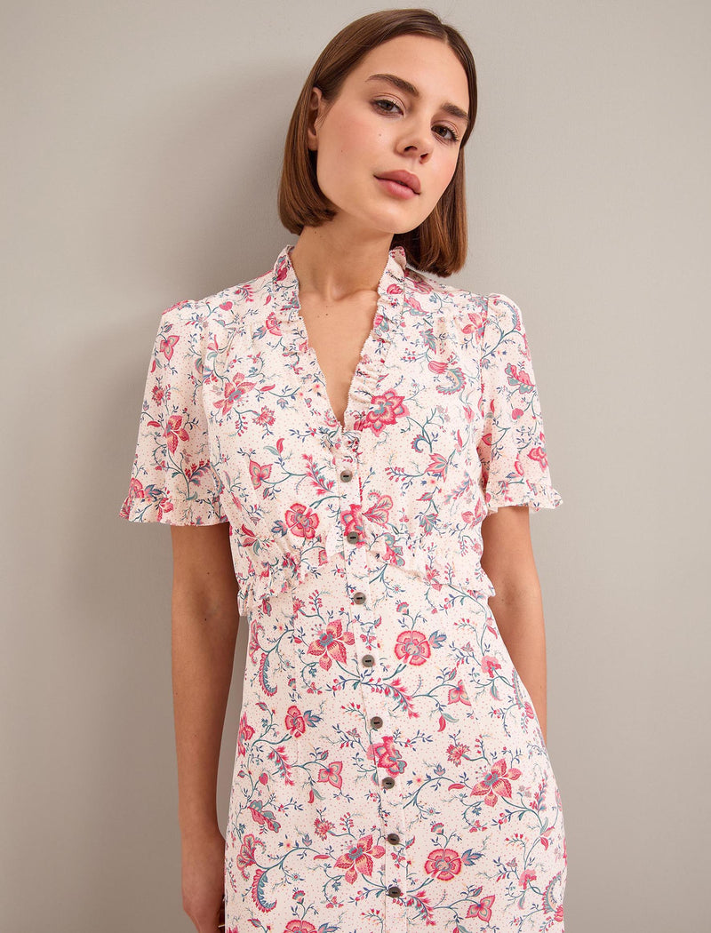 Tabby Silk Dress - Cream Multi Trailing Floral Print