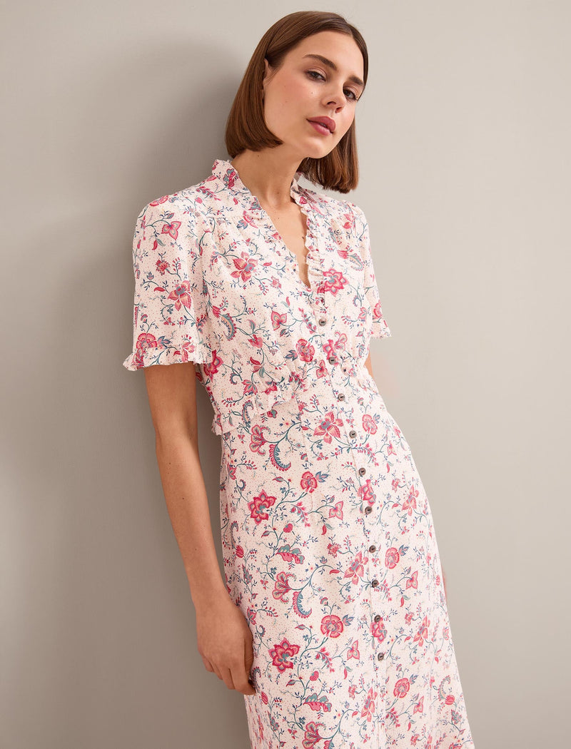 Tabby Silk Dress - Cream Multi Trailing Floral Print