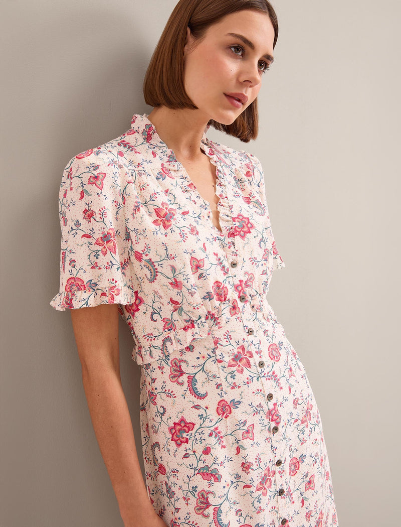Tabby Silk Dress - Cream Multi Trailing Floral Print