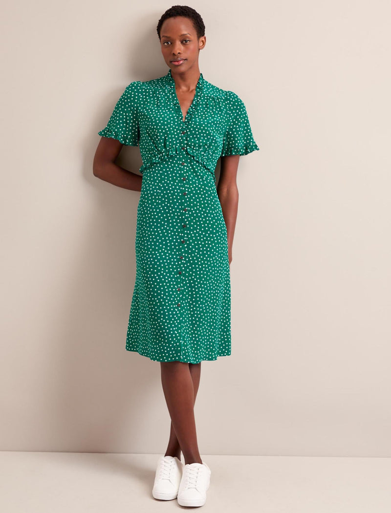 Tabby Silk Dress - Green Cream Polka Dot Print