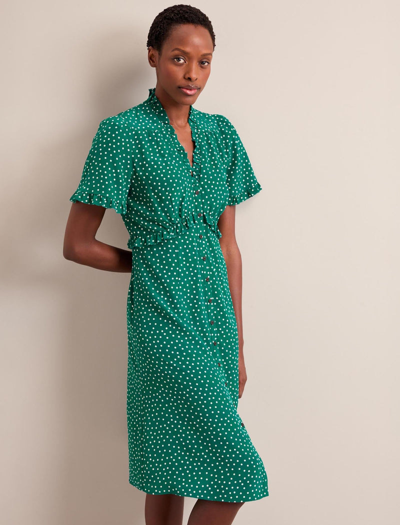 Tabby Silk Dress - Green Cream Polka Dot Print