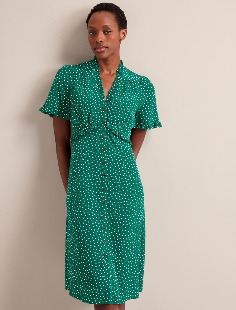 Tabby Silk Dress - Green Cream Polka Dot Print