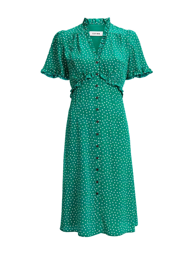 Tabby Silk Dress - Green Cream Polka Dot Print